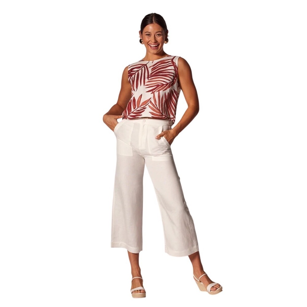 Tori Richard Wide Leg Pants Women 2 White Linen Blend Cropped High Rise Pocket